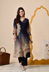 Navy Blue Crepe Digital Print Hand embroidered Suit - Set of 3