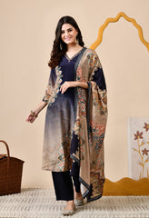 Navy Blue Crepe Digital Print Hand embroidered Suit - Set of 3