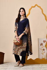 Navy Blue Crepe Digital Print Hand embroidered Suit - Set of 3