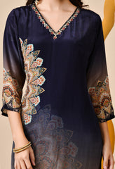 Navy Blue Crepe Digital Print Hand embroidered Suit - Set of 3