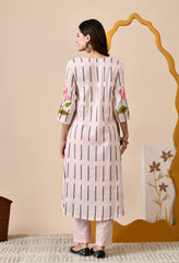 Pink A-line Hand-Painted Mul Cotton Kurta with Pants - Set of 2.