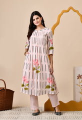 Pink A-line Hand-Painted Mul Cotton Kurta with Pants - Set of 2.