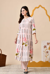 Pink A-line Hand-Painted Mul Cotton Kurta with Pants - Set of 2.