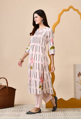 Pink A-line Hand-Painted Mul Cotton Kurta with Pants - Set of 2.