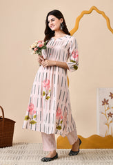 Pink A-line Hand-Painted Mul Cotton Kurta with Pants - Set of 2.