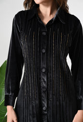 Steel Grey Velvet Coord Set With Beautiful Printex and Beads Work- Set of 2