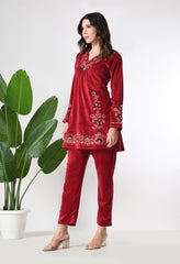 Red Velvet Coord Set with Beautiful Thread and Zari Embroidery- Set of 2