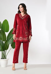 Red Velvet Coord Set with Beautiful Thread and Zari Embroidery- Set of 2