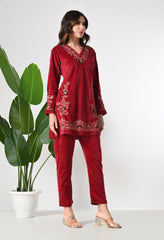 Red Velvet Coord Set with Beautiful Thread and Zari Embroidery- Set of 2