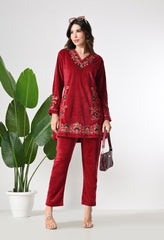 Red Velvet Coord Set with Beautiful Thread and Zari Embroidery- Set of 2