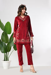 Red Velvet Coord Set with Beautiful Thread and Zari Embroidery- Set of 2