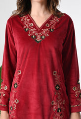 Red Velvet Coord Set with Beautiful Thread and Zari Embroidery- Set of 2