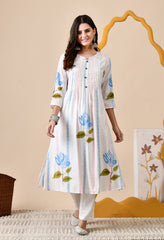 Multicolor A-line Hand-Painted Mul Cotton Kurta with Pants - Set of 2.