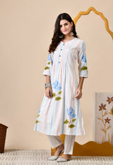 Multicolor A-line Hand-Painted Mul Cotton Kurta with Pants - Set of 2.