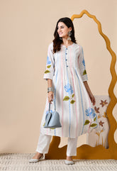 Multicolor A-line Hand-Painted Mul Cotton Kurta with Pants - Set of 2.