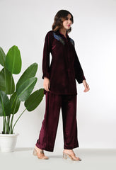 Maroon Shimmer Velvet Co-ord set with Sequence Work paired with Smart Pants -Set of 2