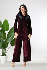 Maroon Shimmer Velvet Co-ord set with Sequence Work paired with Smart Pants -Set of 2