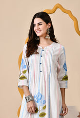 Multicolor A-line Hand-Painted Mul Cotton Kurta with Pants - Set of 2.