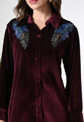 Maroon Shimmer Velvet Co-ord set with Sequence Work paired with Smart Pants -Set of 2