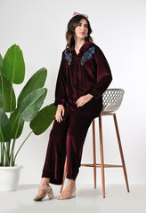 Maroon Shimmer Velvet Co-ord set with Sequence Work paired with Smart Pants -Set of 2