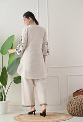 Cream Black Cotton Embroidered Co-ord Set- Set of 2