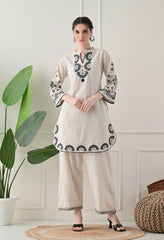 Cream Black Cotton Embroidered Co-ord Set- Set of 2