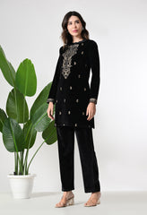 Black Velvet Co-ord set with Zari Sequence and Cutdana Work Paired with Smart Pants- Set of 2