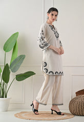 Cream Black Cotton Embroidered Co-ord Set- Set of 2