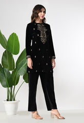 Black Velvet Co-ord set with Zari Sequence and Cutdana Work Paired with Smart Pants- Set of 2