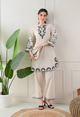 Cream Black Cotton Embroidered Co-ord Set- Set of 2