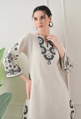 Cream Black Cotton Embroidered Co-ord Set- Set of 2