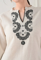 Cream Black Cotton Embroidered Co-ord Set- Set of 2