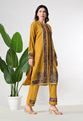 Mustard Woolen set with Detachable Kashmiri Embroidered Jacket - Set of 3