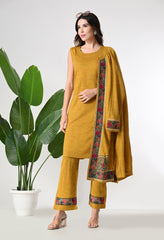 Mustard Woolen set with Detachable Kashmiri Embroidered Jacket - Set of 3