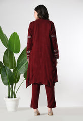 Maroon Woolen Set with Detachable Kashmiri Embroidered Jacket- Set of 3