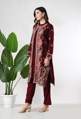 Maroon Woolen Set with Detachable Kashmiri Embroidered Jacket- Set of 3