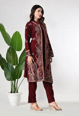 Maroon Woolen Set with Detachable Kashmiri Embroidered Jacket- Set of 3