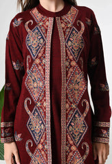 Maroon Woolen Set with Detachable Kashmiri Embroidered Jacket- Set of 3