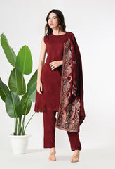 Maroon Woolen Set with Detachable Kashmiri Embroidered Jacket- Set of 3