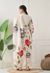 Cream Floral Digital Print Cotton Suit- Set of 3