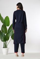 Navy Blue Woolen 2 Piece Set with Beautiful Kashmiri Embroidery on the Neckline - Set of 2