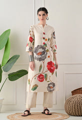 Cream Floral Digital Print Cotton Suit- Set of 3