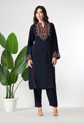 Navy Blue Woolen 2 Piece Set with Beautiful Kashmiri Embroidery on the Neckline - Set of 2