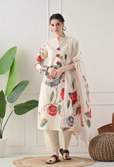 Cream Floral Digital Print Cotton Suit- Set of 3