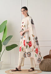 Cream Floral Digital Print Cotton Suit- Set of 3