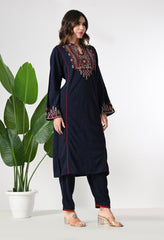 Navy Blue Woolen 2 Piece Set with Beautiful Kashmiri Embroidery on the Neckline - Set of 2