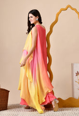 Lemon and Orange Ombre Dyed Chinon Indo-Western Set - Set of 2