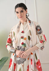 Cream Floral Digital Print Cotton Suit- Set of 3