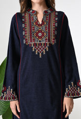 Navy Blue Woolen 2 Piece Set with Beautiful Kashmiri Embroidery on the Neckline - Set of 2