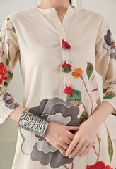 Cream Floral Digital Print Cotton Suit- Set of 3